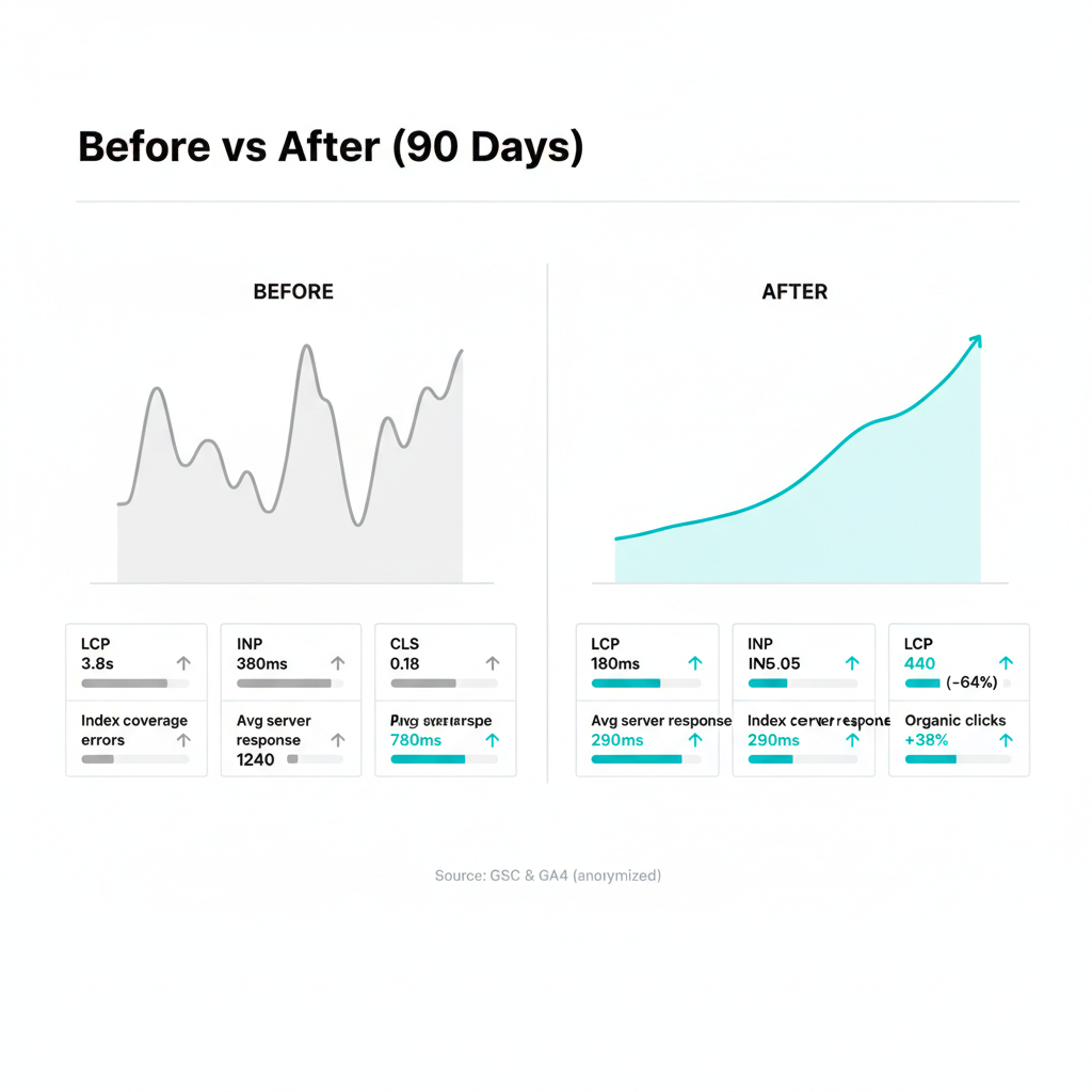 On a pure white background (#FFFFFF), clean high-contrast comparison dashboard titled Before vs After (90 Days) with two columns. Left column (Before) shows a neutral line chart and metric tiles: LCP 3.8s, INP 380ms, CLS 0.18, Avg server response 780ms, Index coverage errors 1240. Right column (After) shows improved metrics highlighted in cyan (#00D9FF) with upward arrows and progress bars: LCP 2.1s, INP 180ms, CLS 0.05, Avg server response 290ms, Index coverage errors 440 (-64%), Organic clicks +38%. Subtle light gray (#E5E5E5) dividers, black labels, tiny footnote text: Source: GSC & GA4 (anonymized). Modern SaaS dashboard aesthetic, technical data visualization style, ultra-sharp text rendering, editorial quality, 16:9 aspect ratio