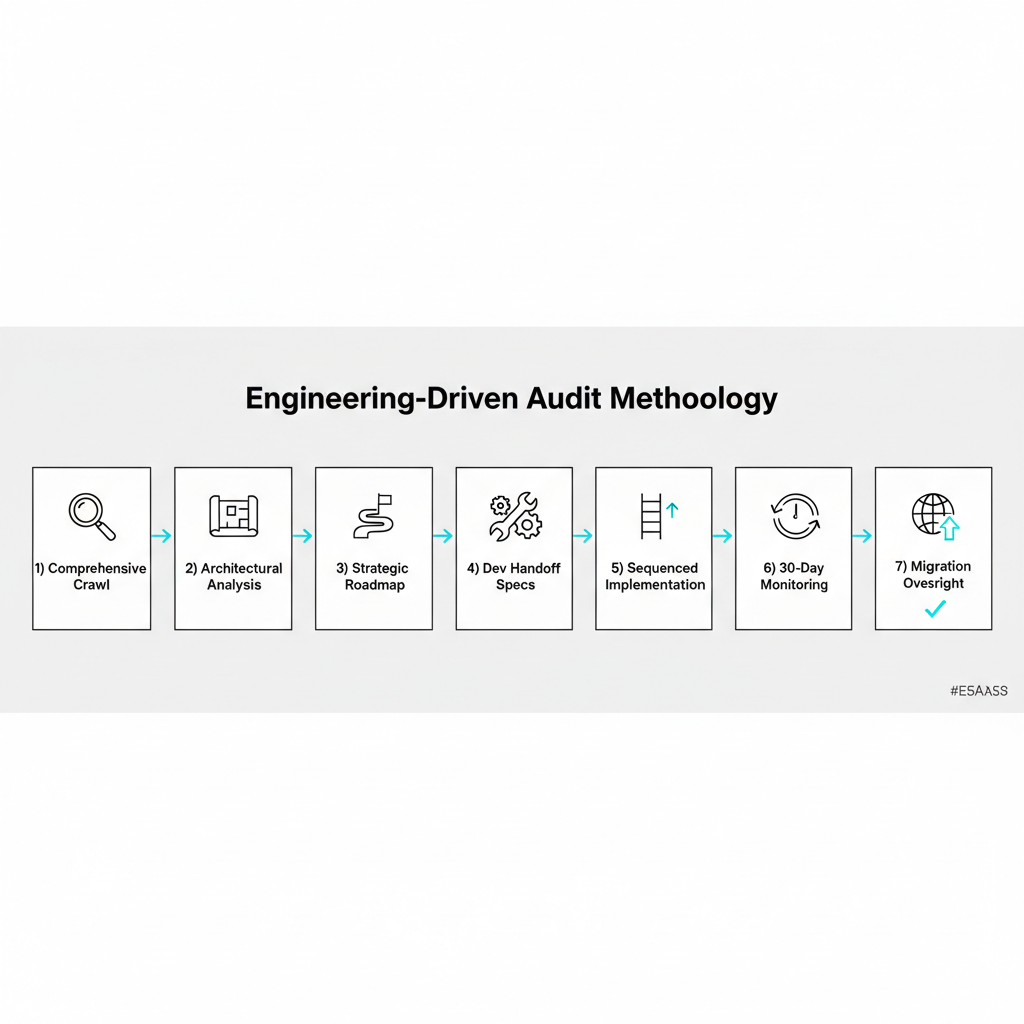 On a light gray background (#E5E5E5), horizontal step-by-step workflow diagram labeled Engineering-Driven Audit Methodology. Seven minimal panels with black outline icons and concise black labels: 1) Comprehensive Crawl, 2) Architectural Analysis, 3) Strategic Roadmap, 4) Dev Handoff Specs, 5) Sequenced Implementation, 6) 30-Day Monitoring, 7) Migration Oversight. Cyan (#00D9FF) connectors and checkmarks indicate left-to-right progression, with generous white space and clear hierarchy. Grid-based layout, ultra-clean minimal design, high contrast, professional infographic quality, 16:9 aspect ratio