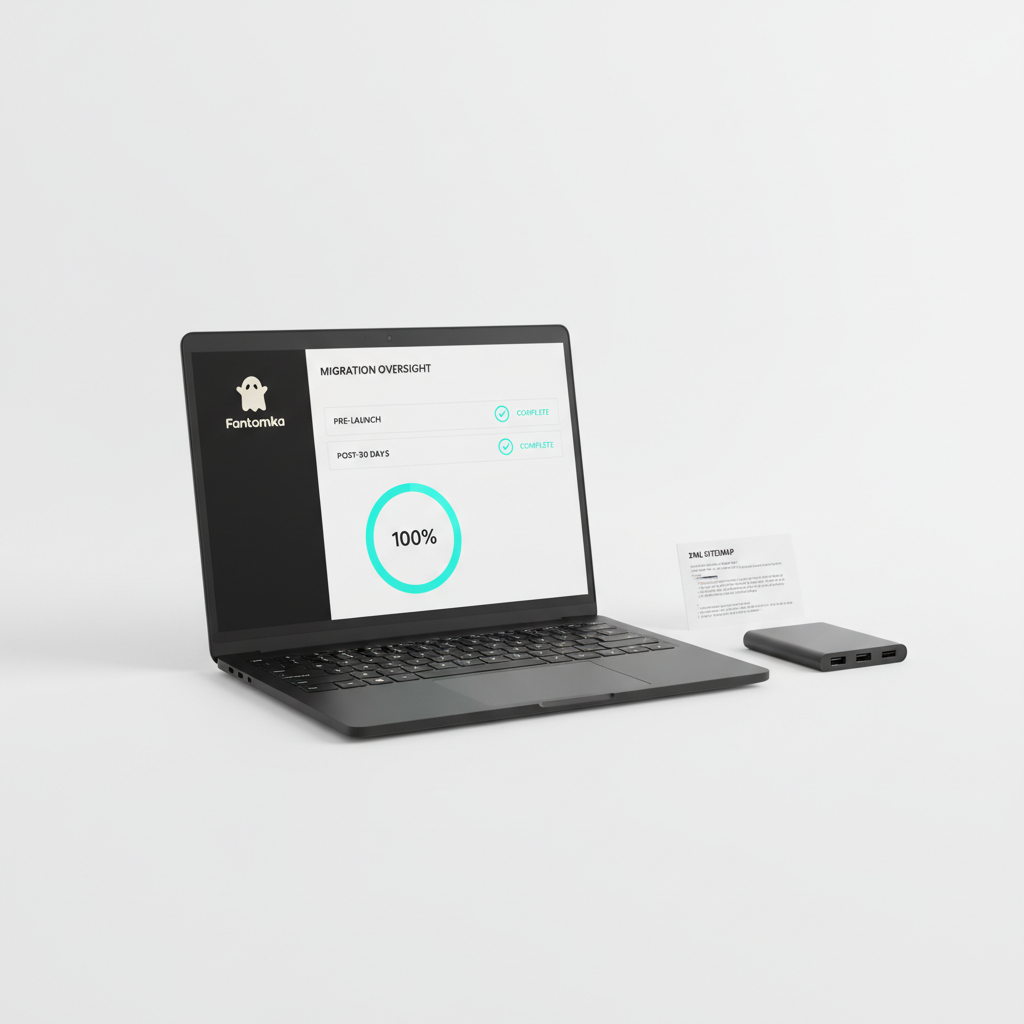 On a pure white background (#FFFFFF), studio product shot of a matte black laptop on a pristine desk, screen displaying a minimalist Migration Oversight control panel with three stages - Pre-Launch, During, Post-30 Days - all marked with crisp cyan (#00D9FF) status checks and a central progress ring at 100%. A printed XML sitemap card and a small matte black USB-C hub sit beside the laptop; a subtle off-white Fantomka ghost sticker on the laptop lid adds personality without distracting. Soft directional studio lighting, professional commercial photography, ultra-sharp detail, natural color grading, 16:9 aspect ratio