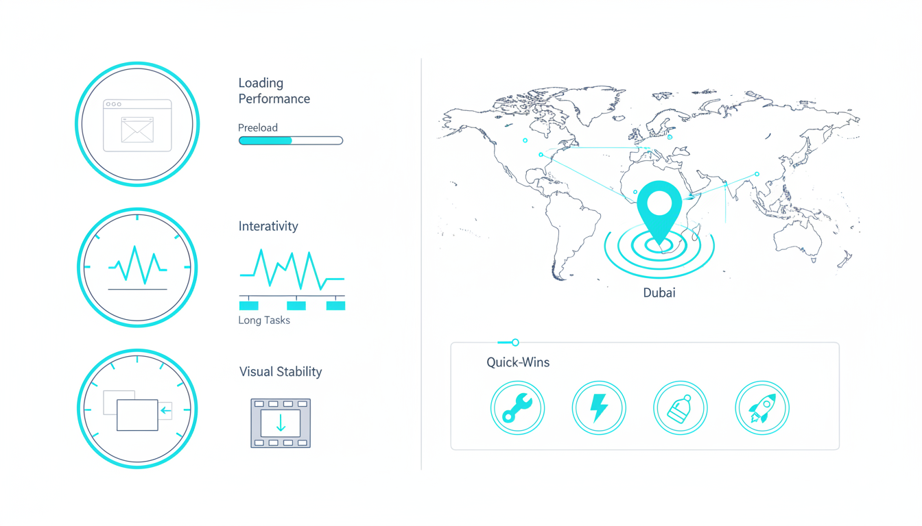Clean technical dashboard illustration visualizing Core Web Vitals triage: three distinct visual meters (loading, interactivity, visual stability) represented by an LCP-style hero image preload thumbnail, a performance flame chart showing long tasks, and a layout-shift animation strip — all shown as icons and charts without labels — alongside a regional CDN map pinpointing Dubai and a timeline of quick-win steps (icon-only ticks), white background with cyan accents on key data points and callouts, consistent flat-isometric technical style, designed to show measurable quick wins and triage flow with zero text, 16:9 aspect ratio