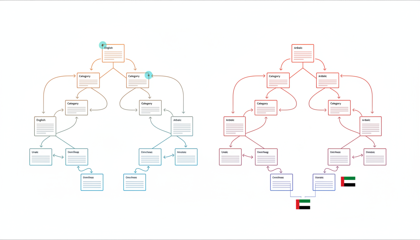 Mirrored bilingual site-architecture diagram for Arabic and English versions: two isometric sitemap trees facing each other, right-hand tree styled to imply right-to-left flow and left-hand tree for left-to-right, reciprocal arrow links between matching nodes representing hreflang mapping (no text), an overlay heatmap showing crawl budget allocation and a small badge-like UAE region marker near the Arabic tree, subtle cyan highlights on connection arrows and important nodes, crisp technical illustration on white background, communicates bilingual architecture, hreflang validation and content parity visually without readable text, 16:9 aspect ratio