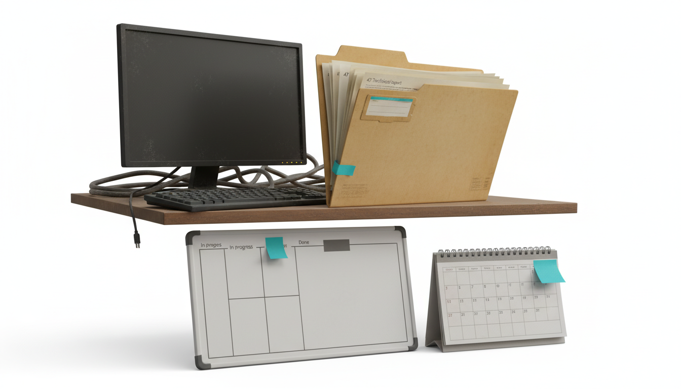 Body image for 'Why Most Technical SEO Audits Fail': A staged, documentary-style scene showing a dusty manila folder labeled only by a worn tab shape (no words) overflowing with a fanned 47-page report, sitting untouched on a shelf next to a dormant developer workstation. In the foreground, a sprint board is visible with empty 'in progress' and 'done' columns (visual blocks only, no text), and a muted calendar with stale dates (no numbers). The composition communicates neglect and backlog; professional modern photographic-illustration hybrid, white background, subtle cyan #00D9FF accent on the folder tab and a single sticky note, soft natural lighting, no text or written labels, 16:9 aspect ratio