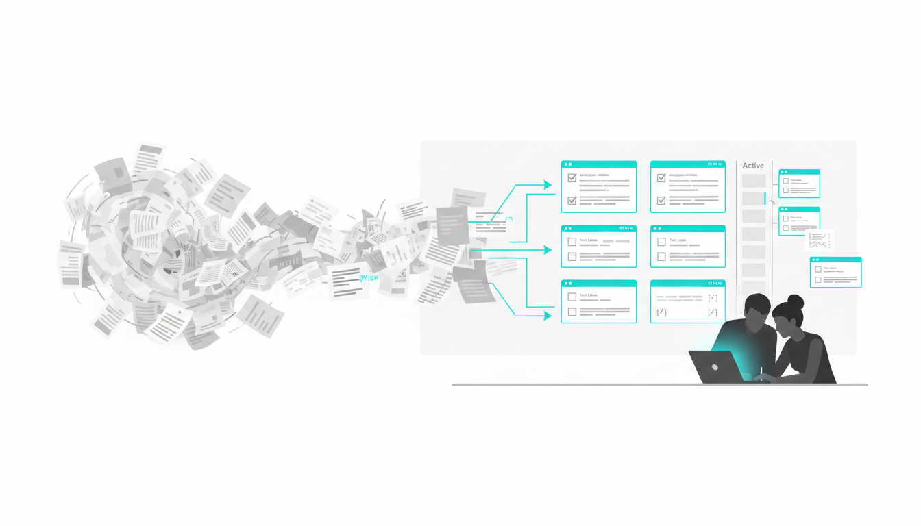 Body image for 'Implementation Readiness: The Real Evaluation Framework': A split-scene illustration: left side shows a sprawling generic audit PDF morphing into the right side where structured developer-ready cards (JIRA-style visuals without any branded text) appear — each card contains visual metaphors for acceptance criteria (checkbox icon), test cases (tiny URL-like rectangles without text), and code snippets (short bracketed lines), with small arrows indicating the transformation. In the right foreground, two developers (professional, diverse silhouettes) review a card at a laptop, the sprint board behind them shows cards moving into an active column. Clean white workspace, professional modern illustration, cyan #00D9FF highlights on card edges and arrows (10–20% usage), clear depiction of conversion from diagnosis to ticket-ready specs, no text or labels, 16:9 aspect ratio