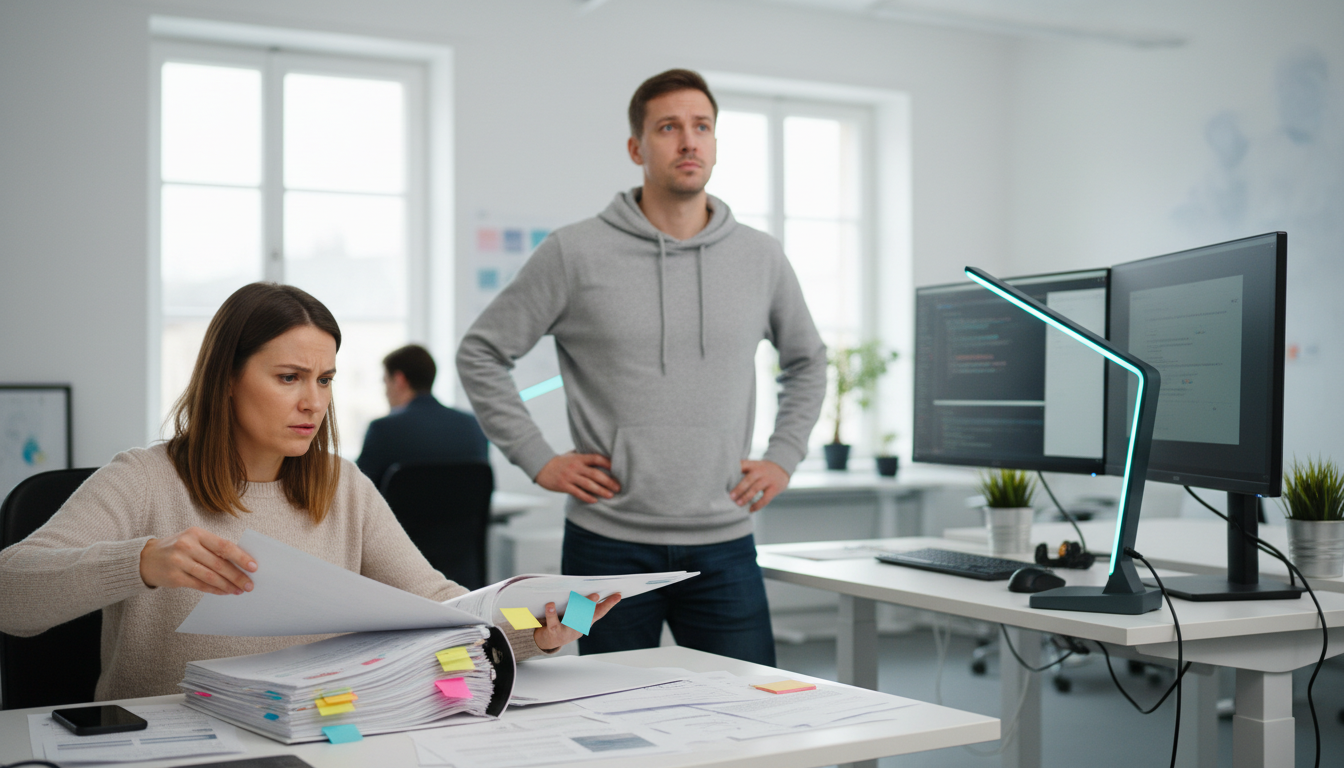 Candid office scene showing the implementation gap: an SEO analyst on the left fanning through a thick printed audit report with colored sticky flags, an engineer on the right at a standing desk looking at blurred code patterns on dual monitors — both people visible, body language showing frustration and misalignment, cyan accent on a sticky flag and a desk lamp tieing to brand color, clean white office background, professional modern photography with natural lighting, no readable text on pages or screens, 16:9 aspect ratio