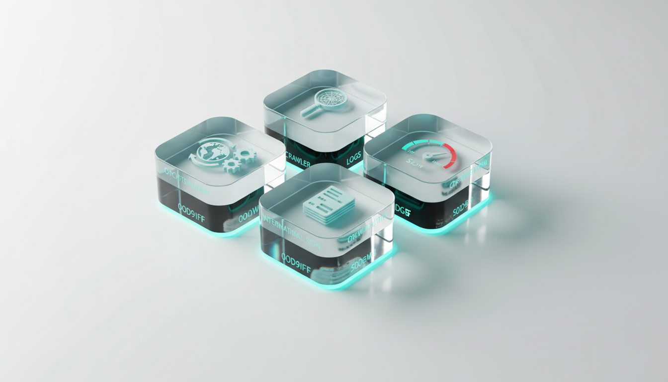 Overhead studio shot of six translucent acrylic blocks arranged in a tight hexagon on a white table, each block contains a tiny 3D symbol carved in relief to represent one enterprise audit category (magnifying glass for crawler, miniature server rack for logs, speed gauge for Core Web Vitals, stacked cards for schema, small globe for international SEO, interlocking gears for orchestration), subtle cyan edge lighting (#00D9FF) on each block, crisp shadows, high detail to visually enumerate the six audit categories without labels, professional modern photographic styling, 16:9 aspect ratio