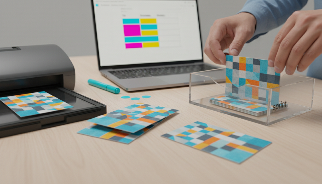 Close-up action photo of the implementation workflow: a sequence of index cards (abstract patterns only, no text) moving along a tabletop 'handoff' from a scanner area toward a clear sprint tray where a developer's hands place the next card, a laptop in soft focus shows an abstract kanban of colored blocks (no text), cyan stickers and a cyan highlighter subtly present to echo brand color, dynamic composition that shows findings turning into sprint‑ready tickets, high‑end professional modern photography, 16:9 aspect ratio
