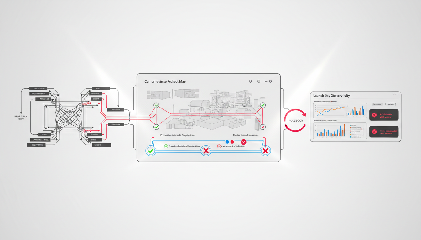 End-to-end migration risk mitigation visualization: left side shows the legacy URL lattice flowing into a comprehensive redirect map that eliminates chain hops with single direct lines; center shows a production-mirrored staging environment with crawler simulation tracks and performance validation gates; right side shows launch-day observability with threshold alert beacons and a prominent rollback loop returning to the pre-launch state if needed. Brand accent #CC3366 illuminates critical redirect paths, validation gates, and alert signals on a predominantly white background with neutral grays and matte black architecture, cinematic lighting, technical illustration style, ultra-sharp detail, 16:9 aspect ratio