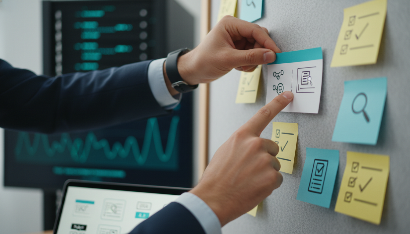 Implementation coordination close-up: a developer pins a developer-ready ticket card onto a sprint board while an SEO consultant points at the card; the ticket is represented as a clean card with icons and a thin cyan stripe (no readable text) — surrounding sticky notes and a laptop show blurred, icon-only QA checklists; in the background a staging server rack and a post-deploy monitoring dashboard are visible as soft, out-of-focus shapes with cyan highlights; natural office lighting, modern professional styling, hands-in-action composition to convey execution and handoff, 16:9 aspect ratio