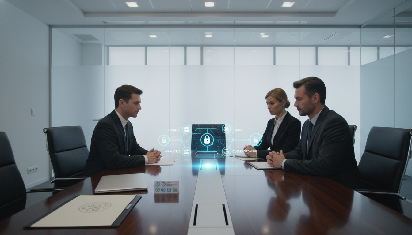 Evaluating capabilities and governance: a conference-room scene where a small panel of executives examines an illuminated tablet projecting an abstract data pipeline — crawls, logs, analytics and cloud storage represented as connected glowing nodes and secure locks, the locks and key connection points accented in cyan (#00D9FF); a printed folder labeled only by an embossed seal (no readable text) rests on the table beside a closed laptop and a GDPR-compliance checklist represented as iconography only; cinematic soft lighting, high-end materials (wood table, glass), professional tone emphasizing security, explainability, and audit trails, 16:9 aspect ratio