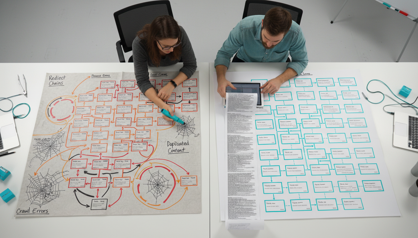 Platform migration & crawl optimization scenario: two engineers at a long table compare side-by-side physical site maps — the left map shows a tangled web of redirect chains and duplicated URL cards with many arrows and congested paths, the right map shows a streamlined sitemap with prioritized nodes highlighted in cyan and clear redirect lanes; one engineer traces a corrected redirect chain with a cyan marker while another checks log-file printouts rendered as abstract, unreadable data ribbons; top-down documentary-style composition, neutral white environment with subtle cyan accents on tools and map highlights, photo-realistic, 16:9 aspect ratio