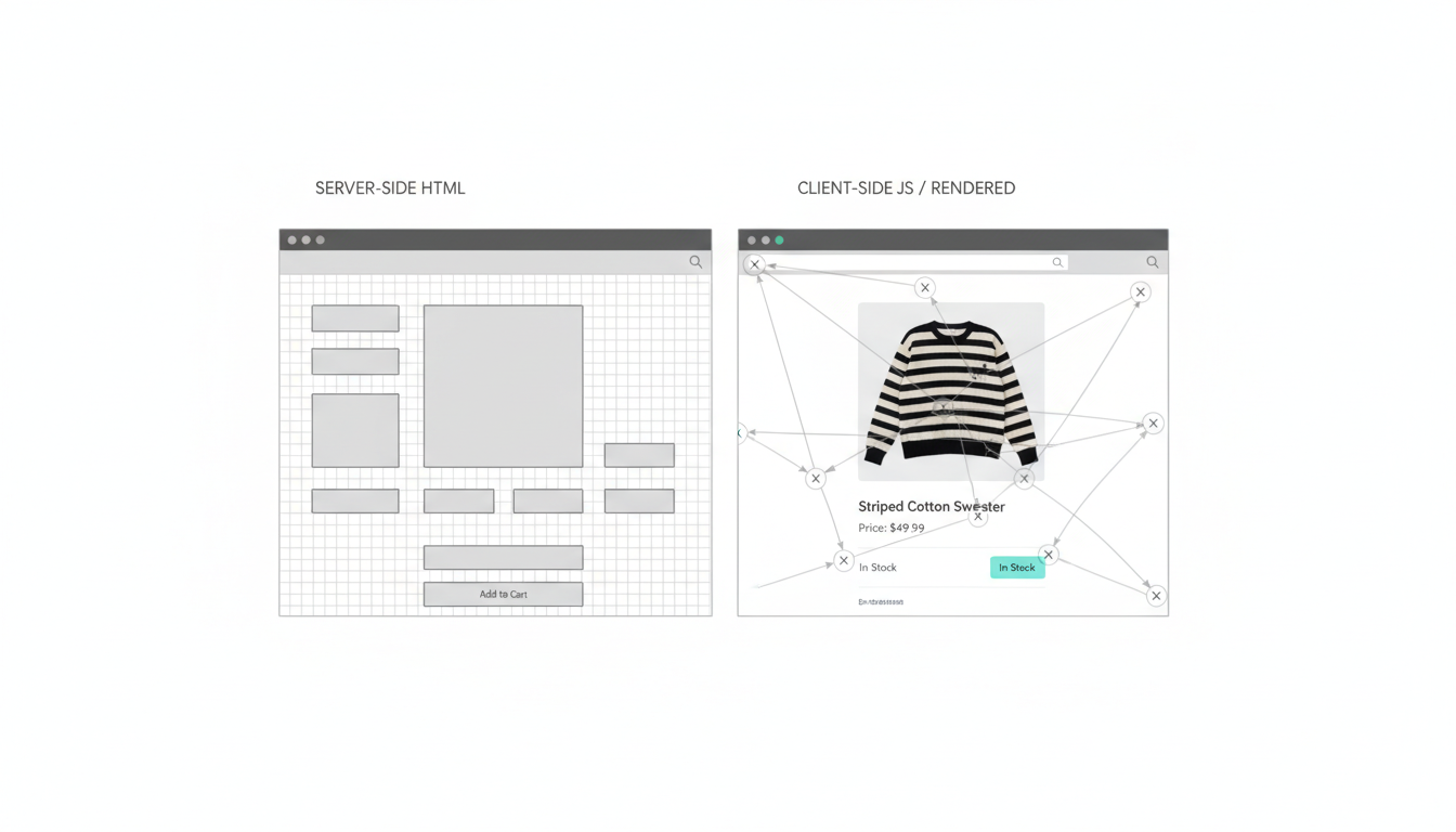 Isometric browser-comparison visualization of the JavaScript rendering case for a React ecommerce SPA: left half shows a wireframe 'skeleton' version of a product page (gray placeholders for name, price, images) with a faint grid indicating server-side HTML only; right half shows the fully rendered product view with a clear product image area, price/availability regions highlighted by subtle cyan accents, and a semi-transparent overlay of a crawling bot path (dots and arrows) showing where bots stop — no text or logos, clinical lighting, high-fidelity digital-photoreal render that reads as a diagnostic DOM comparison, 16:9 aspect ratio
