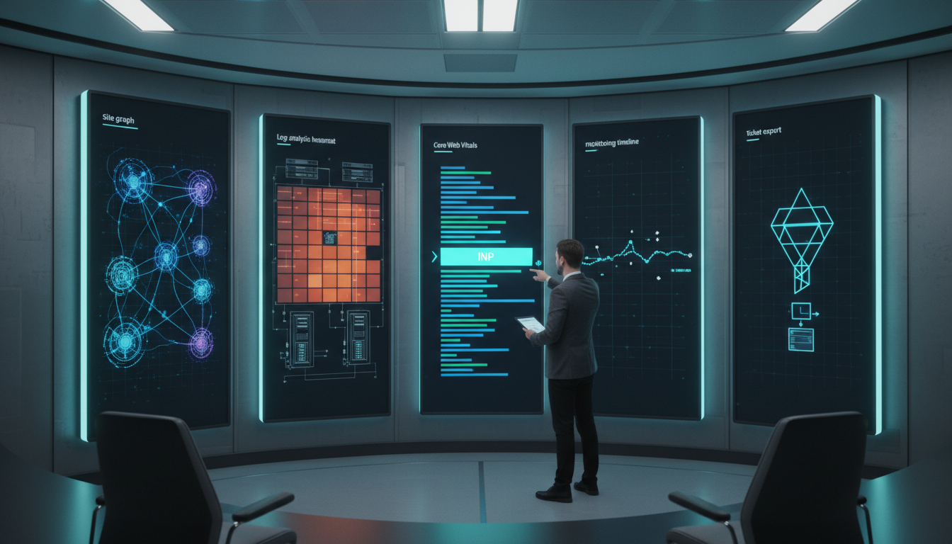 Enterprise technical-audit command center: wide shot of a modern operations room with five large vertical monitors, each showing a different abstractized audit panel — a site graph with node clusters and link paths, a log-analysis heatmap mapped onto a site blueprint, a Core Web Vitals waterfall with a distinct INP segment highlighted in cyan, a continuous monitoring timeline with diff markers, and a data funnel icon representing ticket export — an engineer in the foreground points at the panels holding a tablet, subtle cyan LED accents across monitors to match brand color, professional modern photographic style, no readable text on any screen, 16:9 aspect ratio