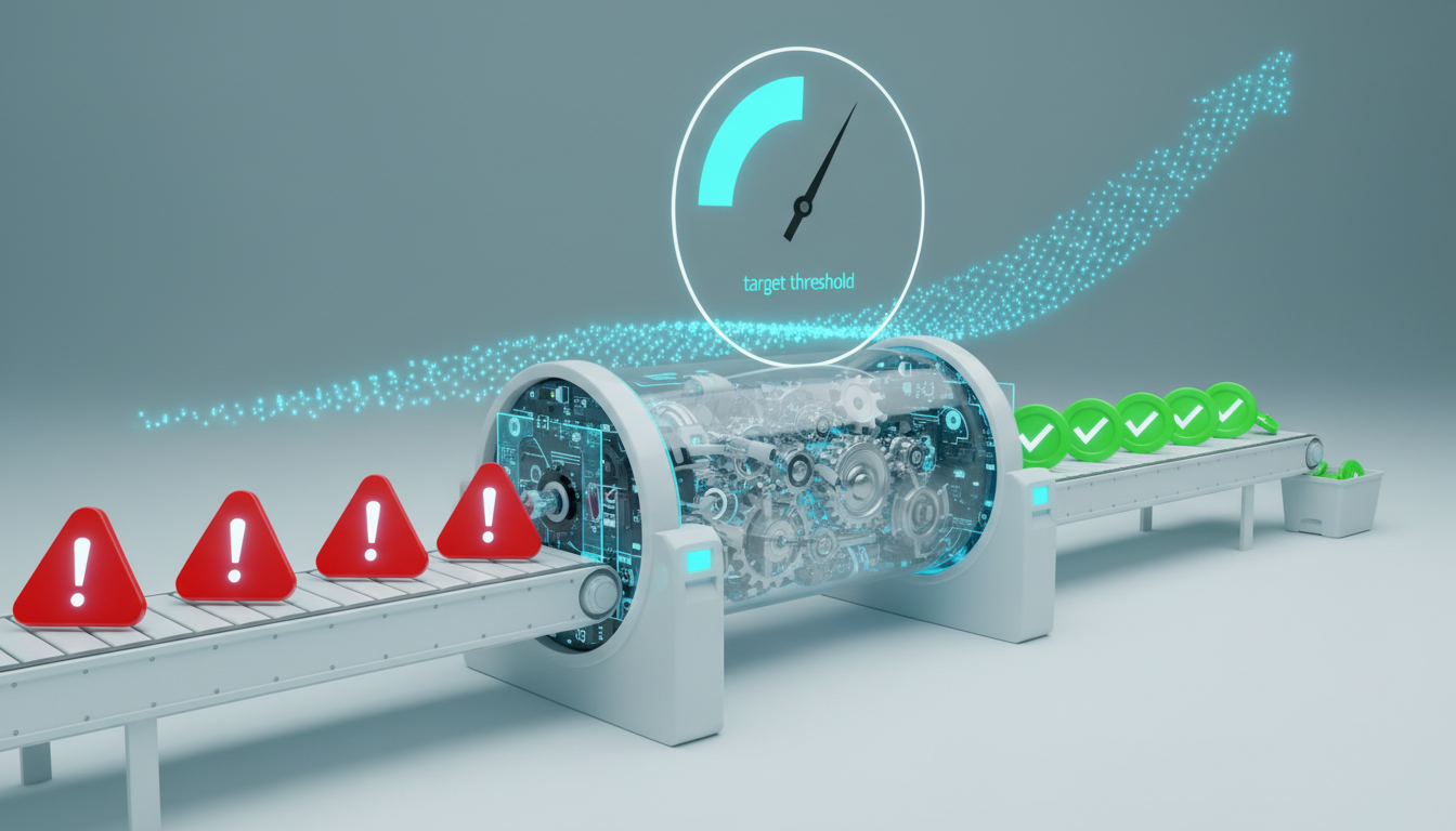Visual metaphor for measuring audit success and implementation velocity: a high-detail 3D-photoreal assembly line where flagged issue tokens (red triangular markers) enter on the left, pass through a transformation zone (gears, validators) and emerge on the right as green check credence tokens; above the line a large circular gauge (no numbers) shows progress with a cyan segment indicating the target threshold and a smooth upward traffic-recovery curve in the background formed by glowing points — clean white background with subtle cyan highlights (10-20% color usage), studio lighting, focuses on time-to-ticket and resolution-rate concepts without any readable labels, 16:9 aspect ratio