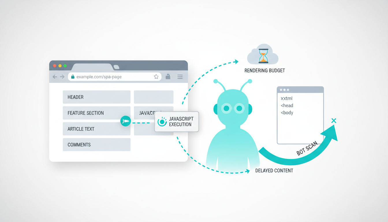 Split-scene technical illustration showing why standard Lighthouse misses SPA SEO issues: left side — a modern browser window fully rendered with visible content blocks and smoothed page chrome; right side — a search-bot silhouette viewing an empty shell (blank DOM skeleton) with an hourglass-style rendering budget cloud above it; connecting lines show JavaScript execution delaying content on the bot side, cyan accent used for the bot scan and key connectors (#00D9FF), flat vector style, white background, soft lighting, 16:9 aspect ratio