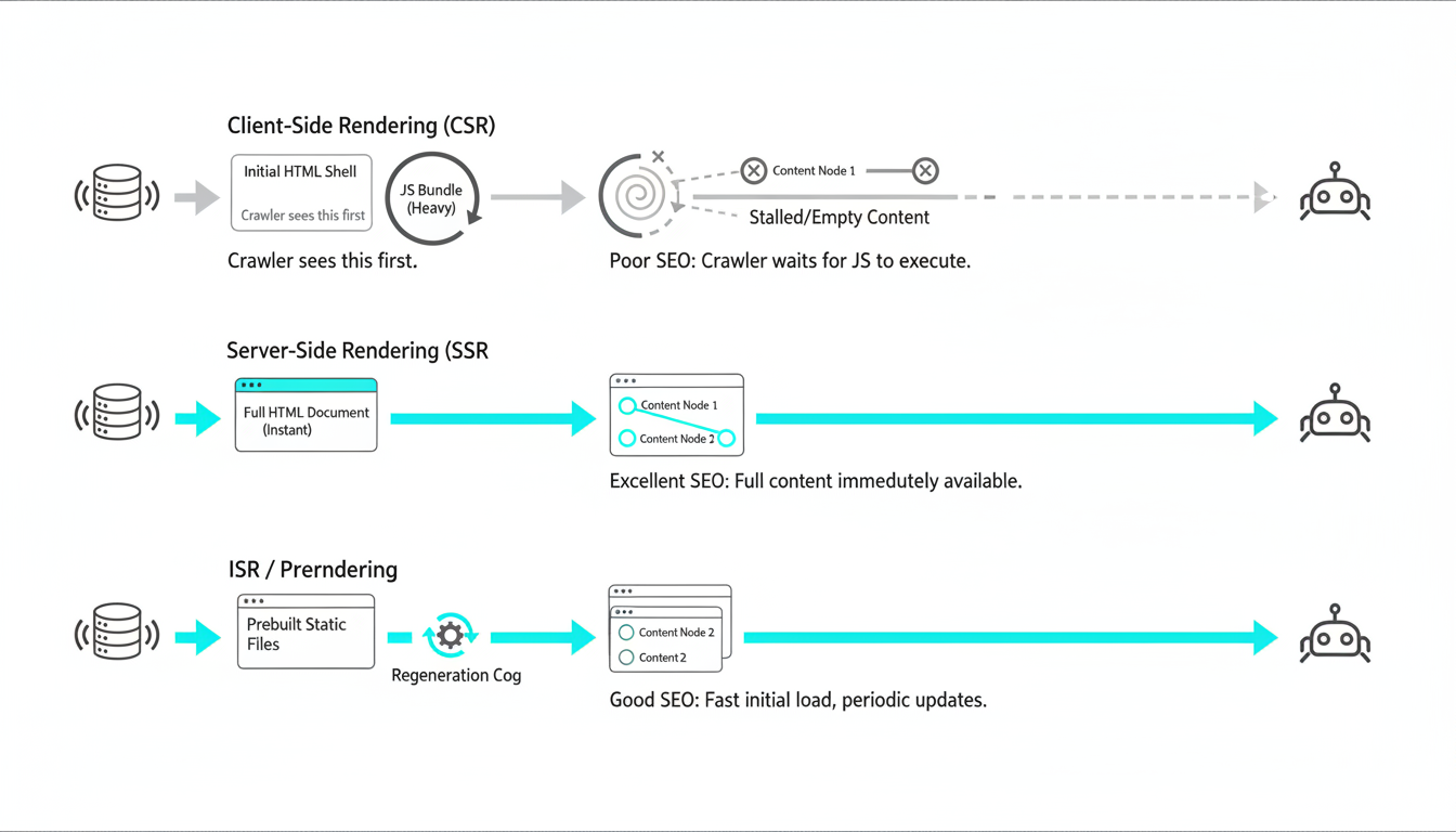 Detailed diagrammatic illustration visualizing SPA rendering strategies and their SEO impact: three distinct pipelines from server to crawler — a CSR pipeline showing a thin initial HTML shell with a heavy JS bundle icon and stalled content nodes, an SSR pipeline showing a full HTML document delivered immediately with content nodes lit, and an ISR/prerender pipeline showing prebuilt static files with a small regeneration cog; use clear visual metaphors (bundles, server stacks, cog), cyan accent highlights on the successful-render paths (#00D9FF), consistent technical vector style, white background, 16:9 aspect ratio