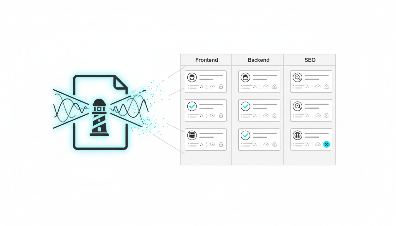Actionable handoff scene: a Lighthouse-style glowing report file (abstract icon, no text) morphing into engineering-ready ticket cards on a sprint board — ticket cards include distinct owner icons for Frontend / Backend / SEO (human silhouettes), checkmark badges, and measurable metric glyphs (tiny speedometer, link chain, error bug) to imply acceptance criteria; cyan accent highlights (#00D9FF) on report glow and key badges, clean flat illustration, professional modern, white background, 16:9 aspect ratio