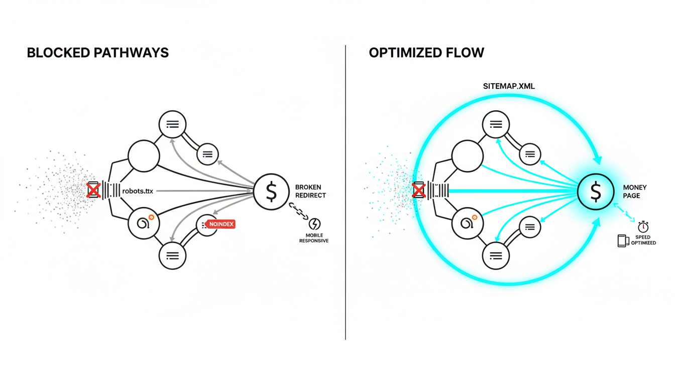 Split technical diagram: left side shows a stylized site map with blocked pathways (robots.txt barrier icon suggested with a red-crossed gate, noindex tag motif, broken redirect chain icons) where external link beams dissipate before reaching the money page; right side shows the same site map corrected — clear sitemap ring, healthy internal linking arrows routing cyan link streams from external nodes into a highlighted money page, small icons for mobile responsiveness and speed (no text), consistent vector linework and cyan highlights, white background, 16:9 aspect ratio
