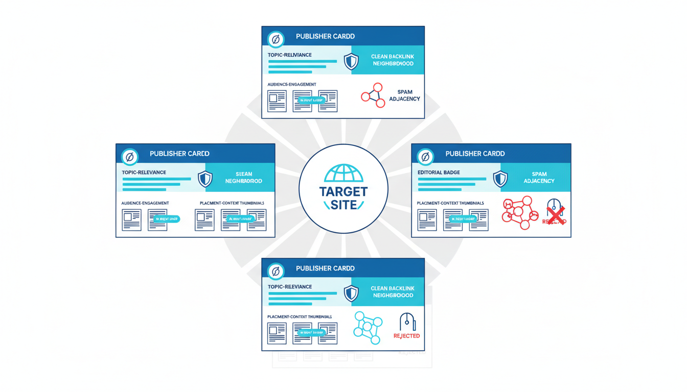 Detailed technical illustration showing multiple candidate publisher cards arranged around a target site: each publisher card displays visual signals (topic-relevance tag icon, audience-engagement bar glyphs, editorial badge icon, clean backlink neighborhood represented by connected nodes) and placement-context thumbnails with an in-body link bubble placing a cyan-highlighted link inside article content; one publisher card shows spam adjacency as clustered red nodes, visually distinct and rejected by a gate icon — white background, fine vector style, cyan accents on desired attributes, no text, 16:9 aspect ratio