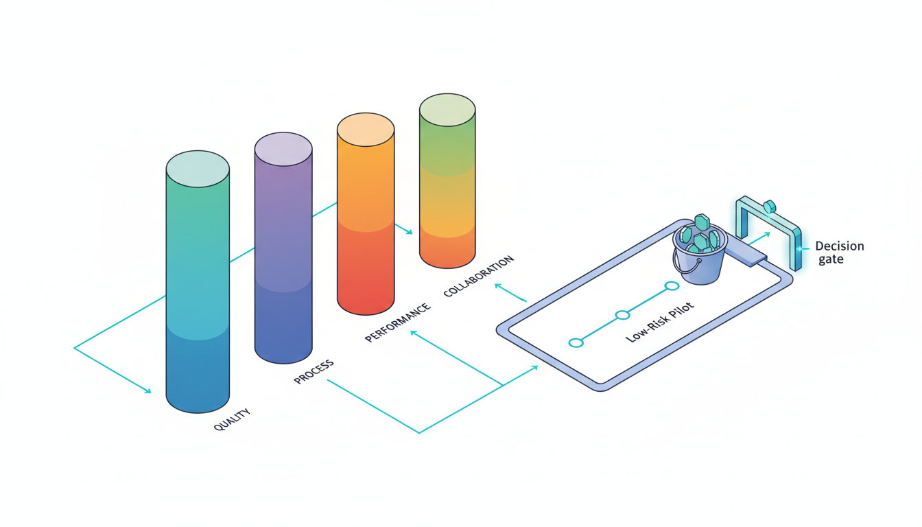 Isometric technical illustration of a vendor evaluation scorecard represented as five vertical pillars (Quality, Process, Performance, Compliance, Collaboration) with differing widths to indicate weights and colored fill levels to indicate performance; a clipboard-like panel at the side shows a pipeline timeline with small milestone icons (30, 60, 90-day markers represented by dots) and a low-risk pilot bucket containing 5–10 miniature placement tokens; cyan highlights emphasize the weighted calculation flows between pillars and the decision gate at the end, white background, consistent vector aesthetics, no text or numbers, 16:9 aspect ratio
