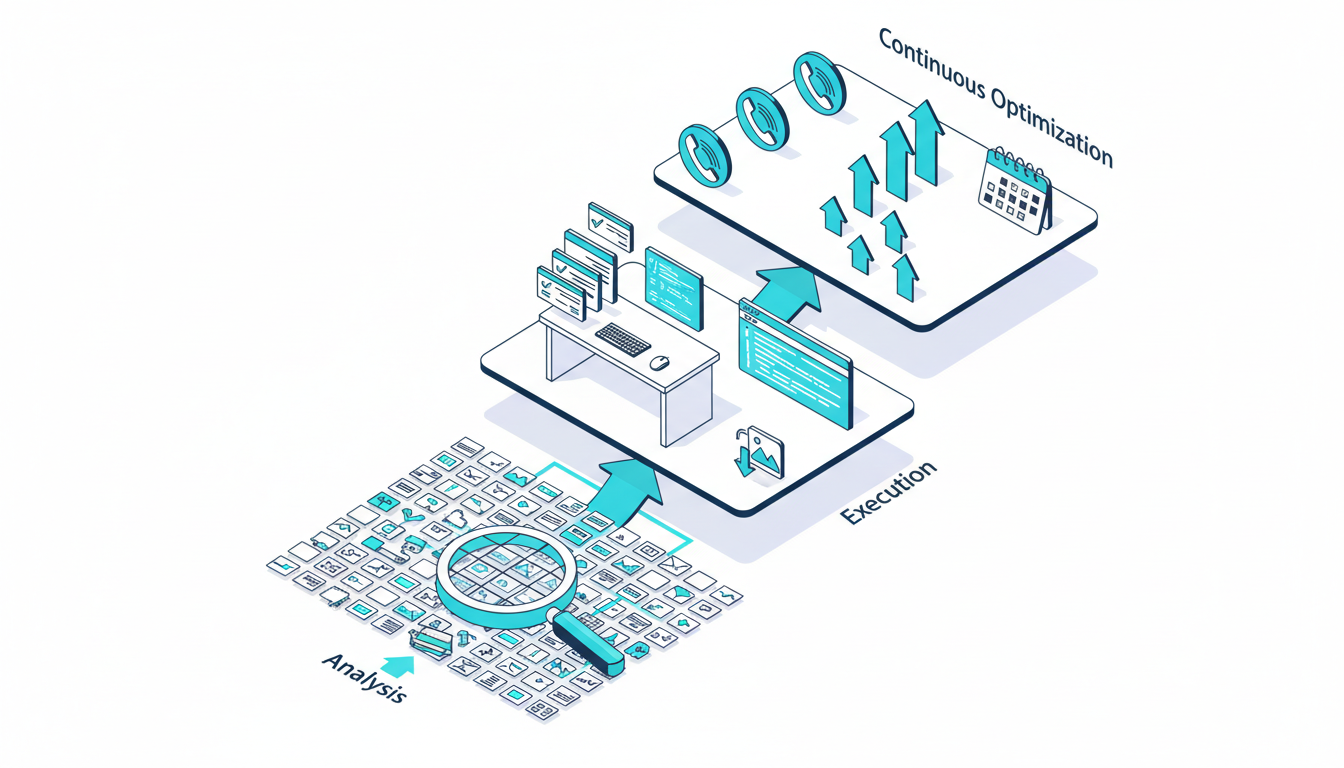 The Three-Phase Audit Framework That Delivers Results: Isometric three-tier technical illustration (analysis → execution → continuous optimization) that uses distinct visual metaphors for each phase but no text — bottom layer: a site-crawl cluster of tiny page tiles and a magnifying-glass grid; middle layer: prioritized ticket cards, code-snippet blocks and a compressed image icon on a developer desk; top layer: ringing phone icons, upward-pointing conversion arrows and a small calendar with booked-slot markers. Cohesive white background, consistent flat-isometric rendering, cyan #00D9FF highlights on key connectors and arrows (10–20%), subtle shadows and a professional modern feel, 16:9 aspect ratio