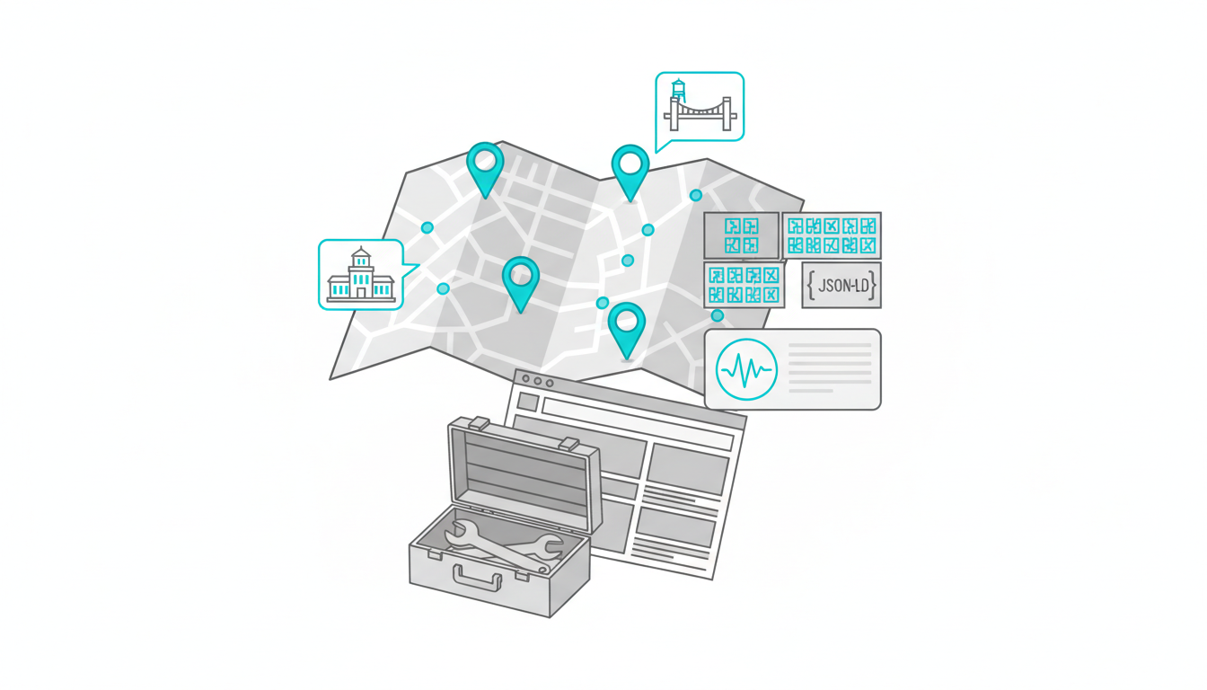 Plumbing-Specific Audit Components You Can't Skip: Clean blueprint-style flatlay of plumbing-local SEO elements on a white surface — a folded service-area map with city pins and local landmark thumbnails, an abstract JSON-LD block represented as stacked bracketed tiles (clearly code-like but containing no legible text), a Google Business Profile–style card represented as an icon with a call waveform, and a plumber's toolbox (wrench, tape measure) overlapping a site wireframe. Precise composition tying web elements to plumbing-specific artifacts, cyan #00D9FF accents on pins and schema blocks (10–20%), professional modern illustrative style, no text, 16:9 aspect ratio