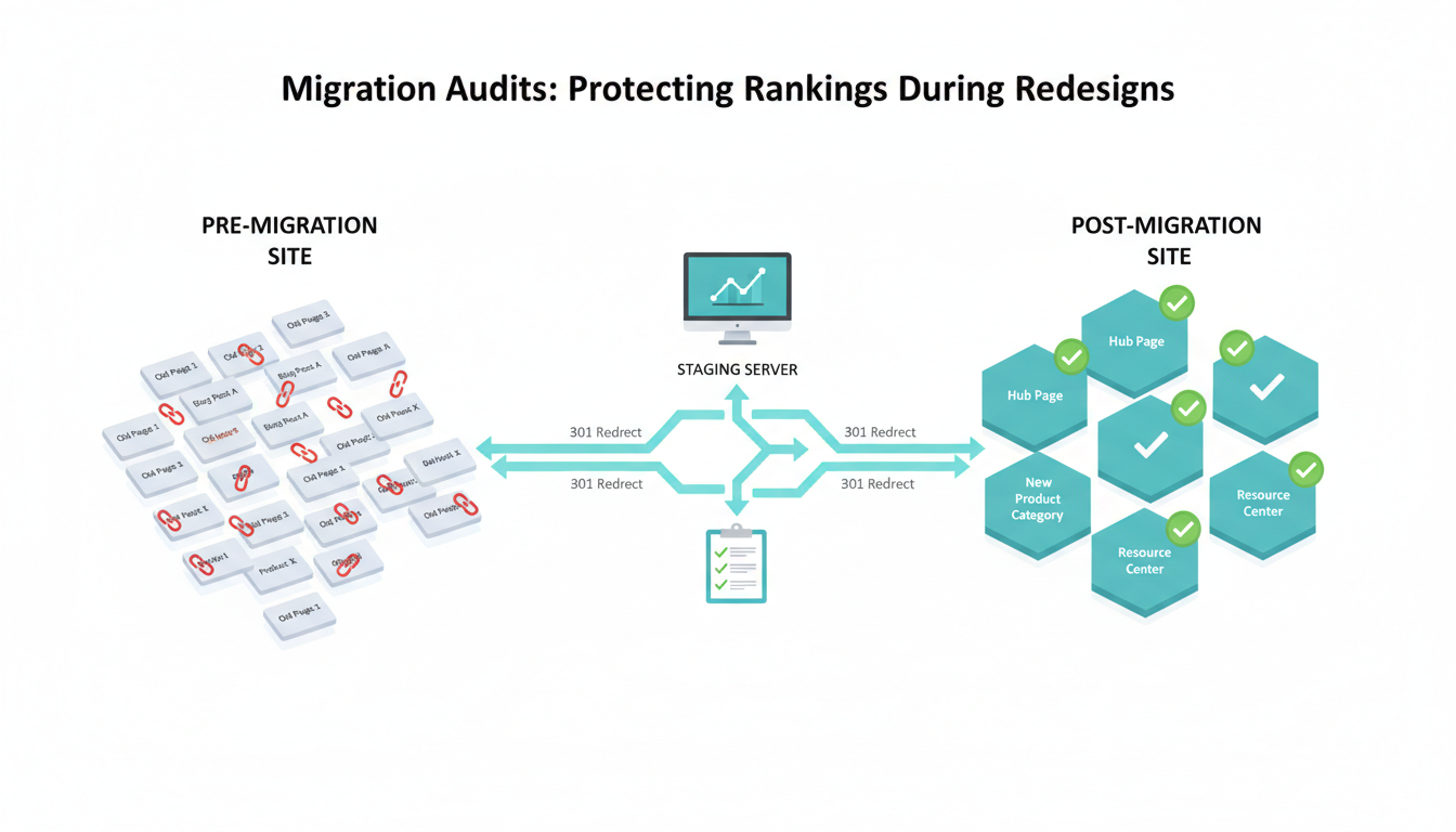 Migration Audits: Protecting Rankings During Redesigns: Isometric diagram of a pre-migration and post-migration site with visual redirect flow — left cluster of many small old page tiles with scattered broken-link glyphs, right cluster of streamlined hub pages with green check glyphs; animated-style cyan arrows (accent #00D9FF, 10–20%) mapping each old tile to its new destination representing planned 301 redirects; include a staging server monitor and a small QA clipboard icon (no text) to imply pre-launch testing and rollback plans. Clean white background, consistent flat-isometric illustration and professional tone, 16:9 aspect ratio
