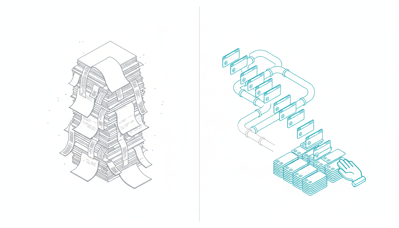 Split isometric scene showing a stark contrast: left side a chaotic stack of blank report sheets, tangled ribbon-like Slack message strips and muted gray dust motes (symbolizing recommendations collecting dust); right side a crisp cyan-accented pipeline of blank ticket cards flowing into a neat development queue with a hand icon ready to accept them; white background, thin technical linework, subtle cyan highlights (10–20%) on the organized pipeline side, clear visual narrative of failure vs orchestration, no text, 16:9 aspect ratio