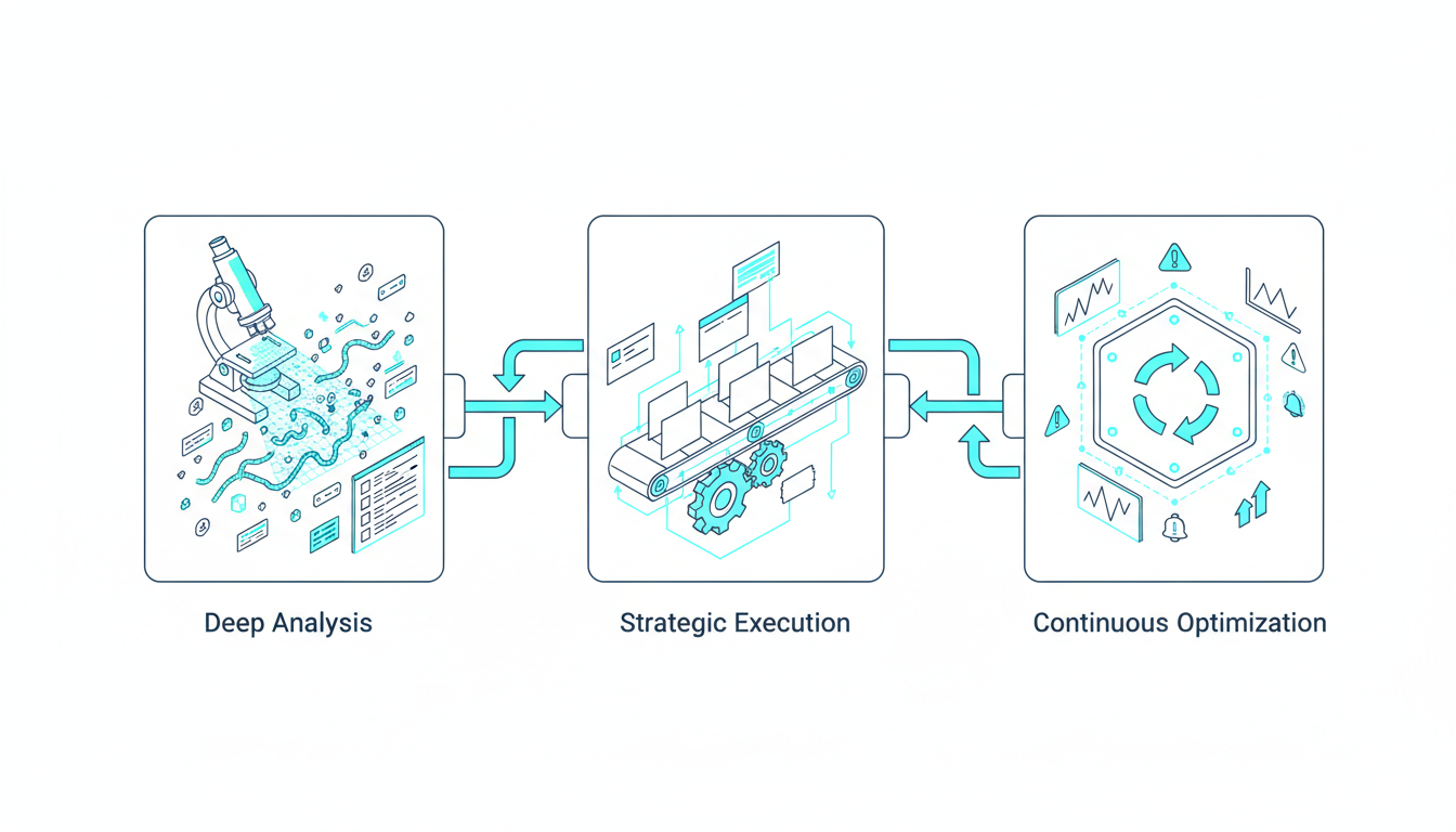Isometric triptych of connected modules representing three phases: left module shows a microscope/scan grid and crawling lines (Deep Analysis) with small data nodes and logs; center module shows a conveyor of blank ticket cards and interlocking gears (Strategic Execution) with dependency links between cards; right module shows a monitoring dashboard with small sparklines, alert icons and a cyclical arrow (Continuous Optimization); modules connected by cyan pipelines and arrows, white background, consistent line style and 10–20% cyan accenting key connectors, no text, 16:9 aspect ratio