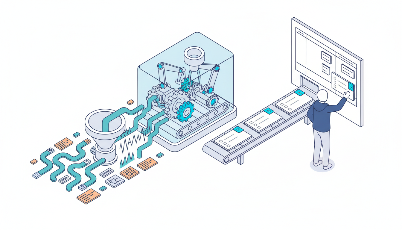 Detailed isometric scene of a technical factory-style conversion: on the left, raw diagnostic artifacts (stylized crawl maps, log-file waveforms, and tiny HTML snippet tiles) enter a processing station; inside the station, conveyor mechanisms transform them into standardized blank ticket cards with minimalist checkbox shapes and a code-snippet icon badge; on the right, a developer figure (abstract, no facial detail) reaches to accept a polished ticket into a sprint board slot; white background, thin vector lines, cyan accents on critical conversion gears and badges (10–20%), no text, 16:9 aspect ratio