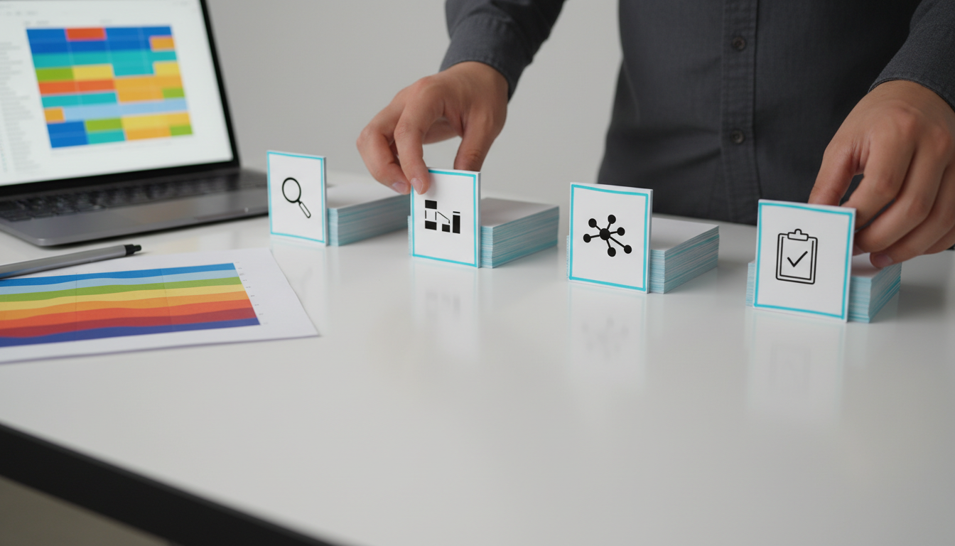 Close-up scene of a sprint planning tabletop for 'The Five-Phase Channel Alignment Audit Process': hands arranging five distinct column stacks of blank index cards on a whiteboard table, each stack visually distinguished by a small silhouette icon (magnifier, sitemap block, visibility bars, network cluster, checklist) drawn as simple shapes — icons only, no text — and color-coded accents using the brand cyan subtly on card edges and icons. Nearby are a laptop showing a blurred, colored grid (content-to-keyword matrix represented as colored blocks, not legible text) and a printed crawl-report heatmap (abstract colored bands). Studio-lit, high-resolution detail showing ticket specs being prioritized, no visible text, 16:9 aspect ratio