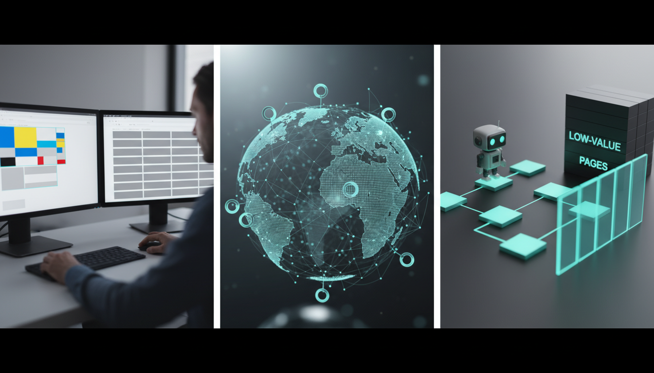 Composite professional photo illustrating enterprise edge cases: triptych composition across one image. Left panel — developer at a workstation comparing two browser windows: one shows rendered page content (color blocks representing visible content) and one shows raw HTML block layout (striped placeholder blocks) to represent JavaScript rendering vs raw HTML. Center panel — close-up of a globe-like sitemap with pinned language-region markers (abstract rings instead of flags) to imply hreflang mapping and locale routing. Right panel — visual crawl-budget metaphor: a small robot figurine scanning a prioritized sitemap while a stack of greyed-out low-value pages is cordoned off. Use subtle cyan accents on rendered content highlights and pins (10-20% color presence), consistent soft-pro photography style, shallow depth, tech-focused mood, no readable text, 16:9 aspect ratio