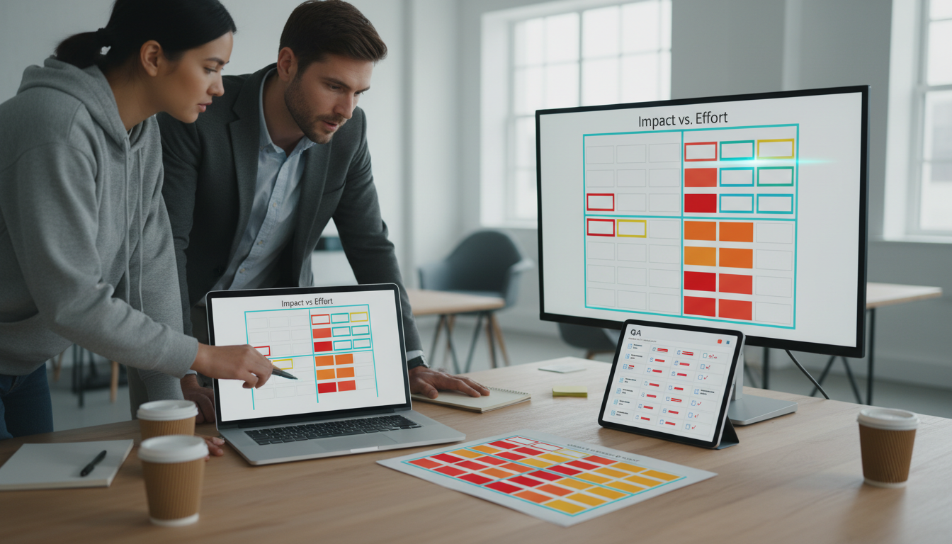 A staged post-audit execution scene for 'From Diagnosis to Execution' showing a PM and engineer reviewing a laptop and large monitor displaying an implementation roadmap: a visual Impact-vs-Effort board with blank, color-bordered cards placed on a two-axis grid (cards show colored tabs but no text), a tablet with a QA checklist represented by checked/unchecked checkbox icons only (no words), and a printed content-to-keyword matrix shown as colored cells with heatmap tones (no legible text). Subtle cyan highlights on high-priority cards and spreadsheet cells (about 10-20% accent), bright modern office lighting, candid collaboration moment, conveys translation of audit insights into sprint-ready tickets, no visible text, 16:9 aspect ratio