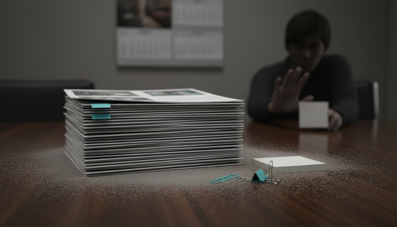 Conceptual photographic still life illustrating stalled audit decks: a polished conference table with a neat stack of glossy slide printouts gathering a thin layer of dust, a wall calendar in soft focus showing many turned pages (time passing), and a frustrated developer silhouette pushing a blank sticky note away (sticky notes are plain, no writing). Lighting is moody but professional, emphasizing neglect and bureaucracy. Include subtle cyan (#00D9FF) accents on an index tab and a paperclip (about 10% color usage). No visible text, labels, or product logos, high-detail texture on paper and wood, 16:9 aspect ratio