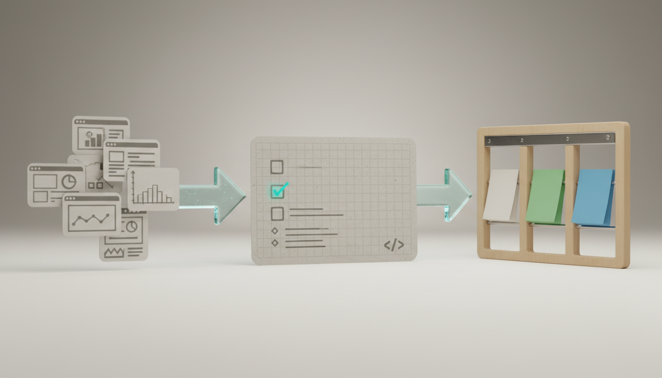 High-detail visual metaphor for a repeatable finding → ticket conversion: close-up of a workflow tableau on a desk — left cluster shows evidence thumbnails (small screenshot-like rectangles and chart shapes, no text), a clear translucent arrow (visual connector) points to a central physical 'ticket' card displaying checkboxes, acceptance-criteria style bullet boxes (graphical only, empty checkboxes, no words) and a small code-bracket icon to imply a code snippet, another arrow points to the right where a staged kanban column holds colored ticket cards with one card clearly advanced. Clean modern styling, neutral background, subtle cyan (#00D9FF) highlight on one checkbox and one arrow (10–15% color), no visible text or brand logos, studio-quality lighting, 16:9 aspect ratio