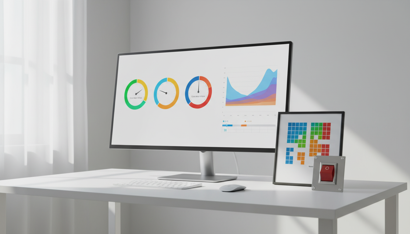 Dashboard-and-governance composite: professional photo of a widescreen monitor showing a custom monitoring dashboard made of graphical elements only — three circular performance gauges with green/yellow/red zones (representing Core Web Vitals), a multi-line area chart abstracted into colored bands, and a small calendar strip with three highlighted dots denoting 30/60/90 checkpoints. Beside the monitor, a physical change-control matrix is suggested by a printed grid of colored squares and a small emergency toggle switch for rollback (no text anywhere). Use a clean desk environment, soft daylight, and subtle cyan (#00D9FF) accents on one gauge needle and one calendar dot (≈10% color). No visible text or UI product logos, 16:9 aspect ratio