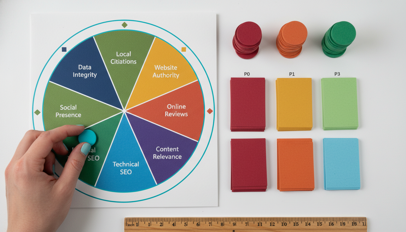 Close-up, studio-lit product shot visualizing the 100‑point GBP audit scoring model: a circular segmented score dial made of eight colored wedges laid out on a table (each wedge representing a weighted category), adjacent stacks of small priority tokens in red/orange/green and rectangular phase cards arranged into P0–P3 columns (represented only by color and position, no labels), a hand placing a cyan token on the Data Integrity wedge, tactile paper textures and a ruler for scale — white background, crisp professional modern photography, cyan accent used subtly (10–20%), no visible text, 16:9 aspect ratio