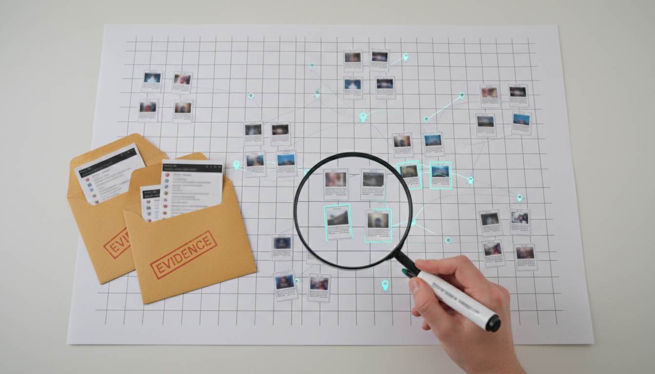 Overhead forensic-style image of duplicate detection and resolution for multi‑location brands: a large printed map (no place names) scattered with dozens of paper location markers, several clusters showing near-identical duplicate markers; a magnifying glass hovering over a duplicate cluster, evidence envelopes containing blurred screenshots, and a hand using a cyan highlighter to identify the primary marker — documentary photographic look, neutral white surface, subtle cyan highlights on connectors and pins (10–20%), all screenshots and paper details intentionally blurred so no readable text appears, 16:9 aspect ratio