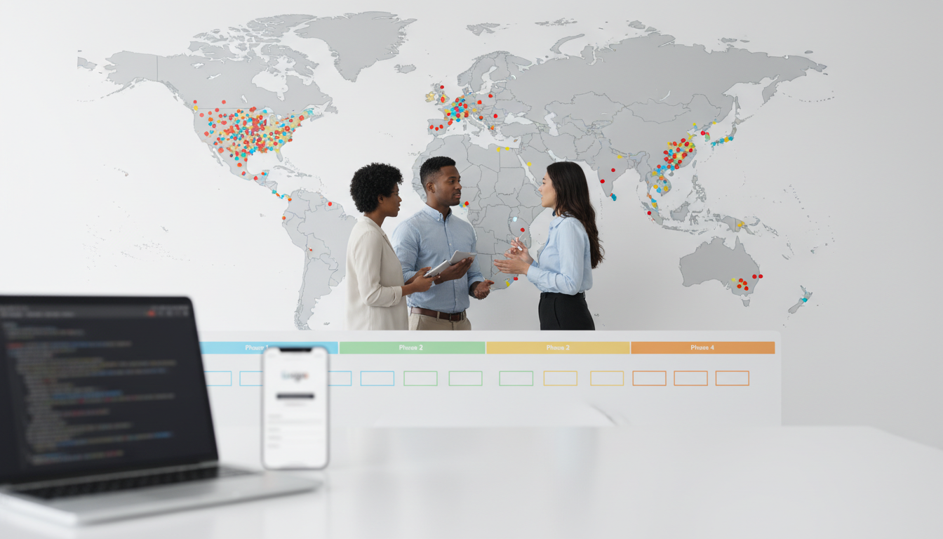 Scale implementation and the 300‑location franchise transformation captured as a collaborative planning scene: a wall-sized geographic map pinned with hundreds of tiny colored dot stickers (dense clusters indicating locations), three team members in discussion pointing at the map, a lower whiteboard area showing four phase lanes with color-coded cards (Phase 1–4 expressed by color and position only, no labels), a nearby laptop with blurred JSON-LD code texture and a phone mockup showing a location landing page image with UI elements blurred — cinematic depth, professional modern photography, white-dominant environment with cyan (#00D9FF) accents on select stickers and card edges (10–20%), no visible text, 16:9 aspect ratio