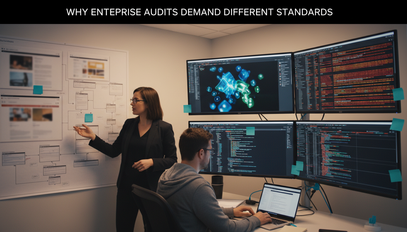 Why Enterprise Audits Demand Different Standards — Wide-angle shot of an enterprise engineering workstation: three large monitors showing blurred template mockups, a browser rendering view with invisible JS artifacts (blurred), and a log-file heatmap (unreadable lines) on the far screen; a product architect stands pointing at a wall-mounted architectural sitemap printout while an engineer takes notes on a laptop, cyan accent sticky tabs (10–15% of scene) and cyan cable ties subtly highlighted, soft professional lighting, conveys scale, multi-template complexity, and governance workflows unique to enterprise SEO audits — 16:9 aspect ratio