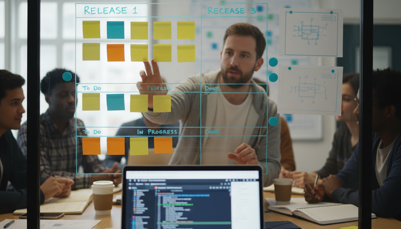 Real Implementation in Action — Mid-shot of a sprint planning session in progress: a glass board covered with color-coded blank sticky cards (no text) arranged into three releases, a laptop in foreground showing a staging environment with a blurred pull request diff, an engineer tapping to open a ticket-ready card, cyan-colored magnets and cyan-highlighted task lanes used sparingly, candid documentary-style professional photography that demonstrates ticket-ready specs turning into shipped fixes and rapid post-launch triage — 16:9 aspect ratio