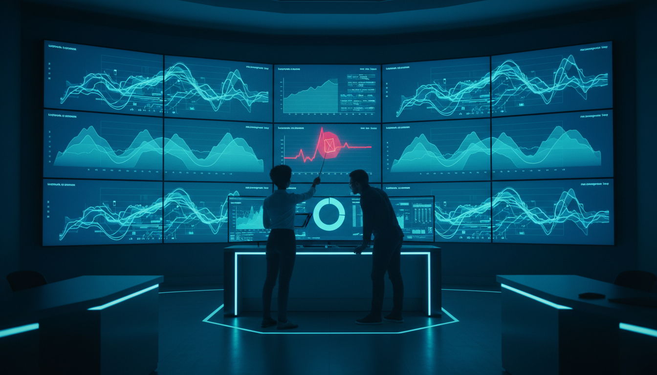Quantifying Top-Rated Performance — Command-center style scene of a post-launch monitoring dashboard displayed on a wall of screens: a series of abstract charts and line graphs (no legible labels) showing uptime, index-coverage trend silhouettes and a sudden alert marker; two team members examine the screens, one pointing to a cyan-highlighted segment on a chart, ambient cool lighting with cyan accents (10–20%), professional modern photographic realism that conveys measurable outcomes (index coverage, Core Web Vitals, migration parity) without textual labels — 16:9 aspect ratio