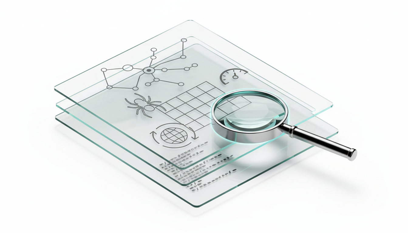 Concept for H2 'What Website Audits Actually Cover (and What Gets Missed)' — a close, isometric still-life of layered translucent glass plates stacked like pages, each plate etched with a simple abstract icon (site map nodes, crawling spider glyph, a render pixel grid, speed meter, globe for internationalization) — the top plates are clean and highlighted while a lower plate is shadowed and shows a subtle, half-rendered JavaScript fragment (darkened code-like strokes) that the top tools didn't reveal. A magnifying loupe rests over the gap between plates exposing the hidden fragment. White background, soft directional lighting, cyan (#00D9FF) used as narrow rim-light on the magnifier and as edge glow on one plate (10–15% accent), hyper-real photographic still-life, no text or UI branding, 16:9 aspect ratio