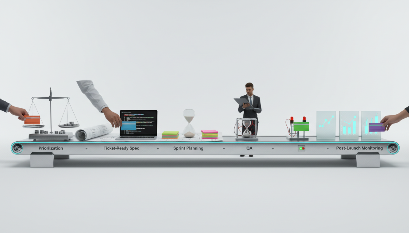 Concept for H2 'From Finding to Fix: The Implementation Workflow' — a cinematic, professional photo of a tactile workflow assembly: a linear tabletop conveyor carrying colored issue cards through five distinct stations represented by literal props — a calibrated scale (prioritization), an unrolled blueprint and a laptop with code snippets (ticket-ready spec), a small sprint-timed hourglass with stacked sticky-note pads (sprint planning), a mini test rig with green/red lights and a QA technician holding a tablet (QA), and a monitoring station with an array of muted glass panels showing simple abstract graphs (post-launch monitoring). Hands of different team members interact with cards as they move, showing coordination. Clean white studio background, shallow depth-of-field, cyan (#00D9FF) used subtly on card edges and some LED lights (10–15% accent), professional modern style, no text, 16:9 aspect ratio
