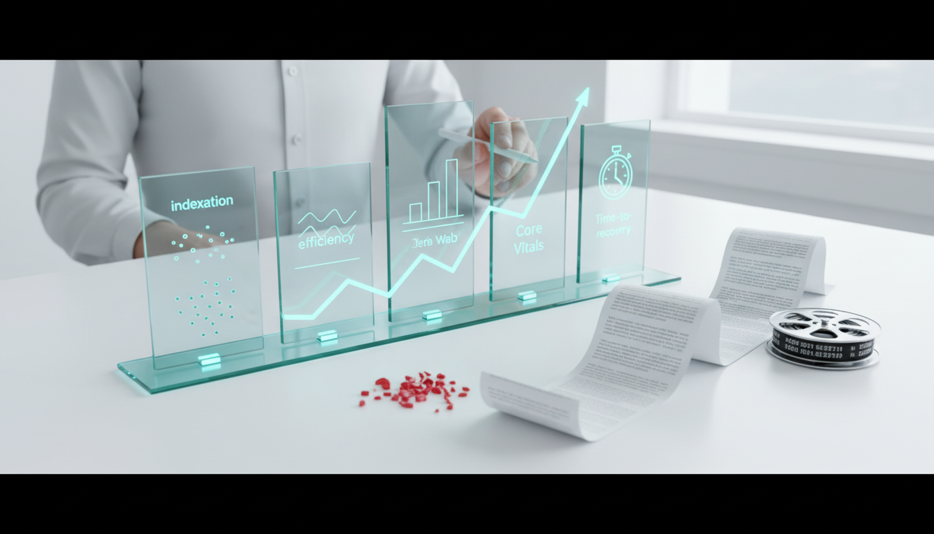 Concept for H2 'Measuring Impact: Proving Audit Value' — a polished, modern photo-composite of a physical 'metrics dashboard' built from layered glass tiles on a white table: tiles represent indexation, crawl efficiency, Core Web Vitals, traffic, and time-to-recovery as simple abstract visuals (dot clusters, thin line graphs, stacked blocks). A technician points with a stylus at a cyan trendline connecting the tiles that rises after a cluster of small red chips (representing the problem) is removed — nearby a server log printout (plain lines, no text) and a magnified timestamp reel imply log-based validation. Lighting is clinical and optimistic; cyan (#00D9FF) appears as a thin connecting line and tiny accent LEDs (about 10–15% of color usage). Professional modern photographic aesthetic, precise composition, no text or brand logos, 16:9 aspect ratio