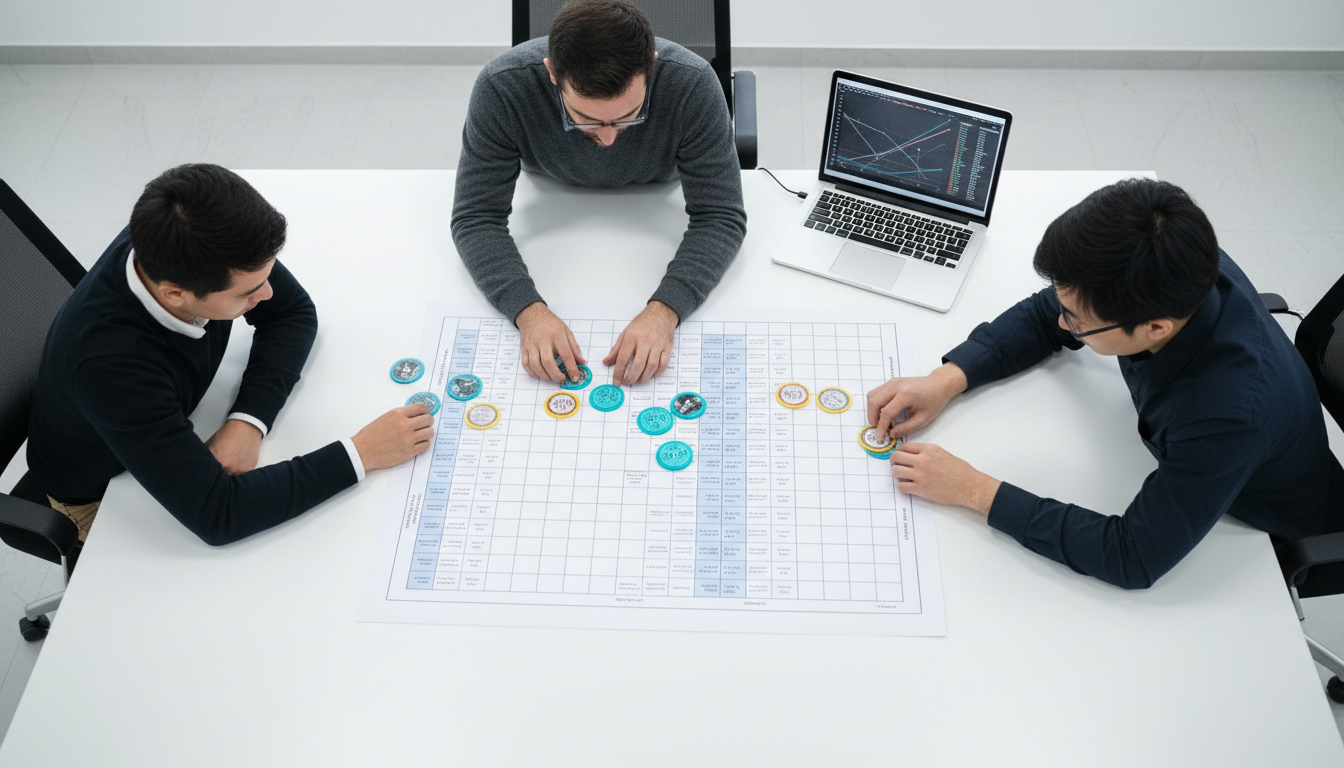The Vendor Selection Framework For Enterprise Technical SEO — overhead meeting shot of three professionals (SEO strategist, engineer, product owner) around a table arranging color-coded evaluation tokens on a printed rubric where numbers and labels are deliberately blurred; a cyan token (hex #00D9FF) prominently placed among the tokens, a laptop screen nearby showing an indistinct chart and log traces, minimalist white environment, conveys structured, implementation-focused vendor scoring without text, professional photography, 16:9 aspect ratio