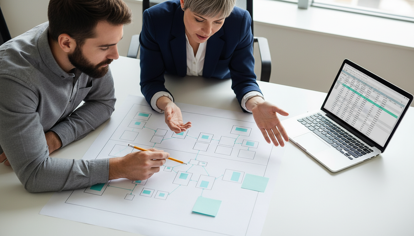 Section-specific image for 'Why Architecture Comes Before Tools': overhead photo of a conference table with an engineer and an SEO specialist pointing at a large printed site-architecture blueprint (sitemap boxes and connecting lines as simple shapes, no readable text) while a laptop beside them shows a blurred crawl-export spreadsheet on screen; use subtle cyan (#00D9FF) accents on a few blueprint lines and sticky tabs (10–20% of scene), natural office lighting, candid professional modern style emphasizing the people-mapping-before-tools concept, 16:9 aspect ratio