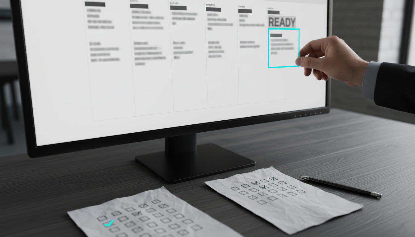 Section-specific image for 'From Findings to Ticket-Ready Specifications': close-up of a developer's desk with a monitor displaying a Kanban board (card shapes only, all text intentionally blurred/unreadable) as a hand drags a card toward a 'Ready' column; on the desk are printed acceptance-criteria checklists represented by checkbox icons (no text) and a pencil, cyan (#00D9FF) highlight on the card edges and one checkbox, high-detail professional modern photo, composition focused on the card being moved to convey sprint-ready tickets, 16:9 aspect ratio