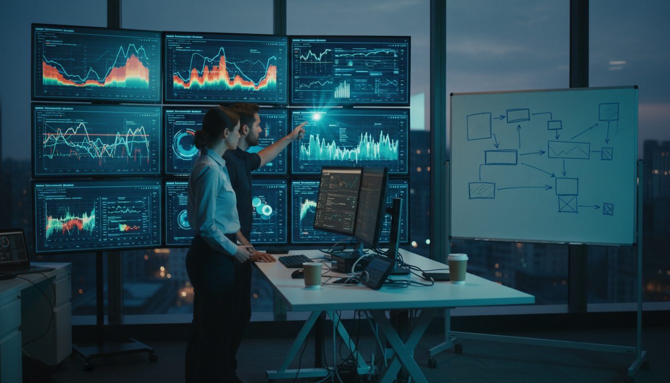 Section-specific image for 'Development Team Coordination and Implementation Support': cinematic office scene at dusk showing a small launch war-room — two engineers at a standing table, one pointing at a wall of screens displaying abstract monitoring visuals (heatmaps, line graphs, blurred dashboards with cyan highlights), a whiteboard nearby with flow arrows drawn as shapes (no text), subtle cyan (#00D9FF) rim lighting on screens and equipment, professional modern photography that conveys post-launch monitoring and cross-team coordination, 16:9 aspect ratio